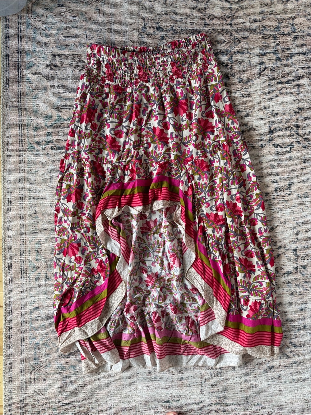 Women's Pink Floral High-Low Tiered Skirt with Smocked Waist